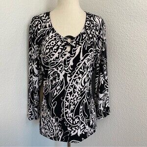 Jones NY Wear Black White Floral Paisley 3/4 Slv Cut Out Neck Detailing Top SZ L